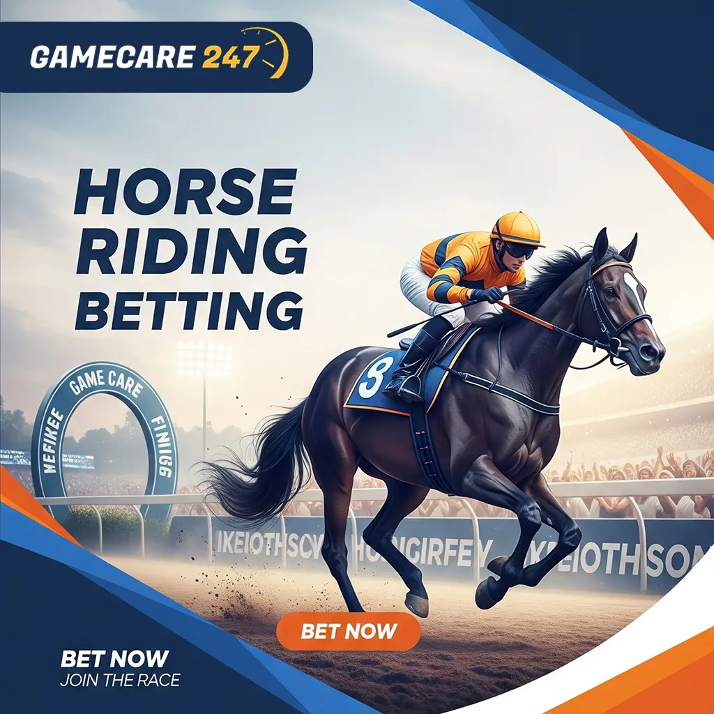 Horses racing on a track with a bettor placing a wager using the Play Game Care platform.