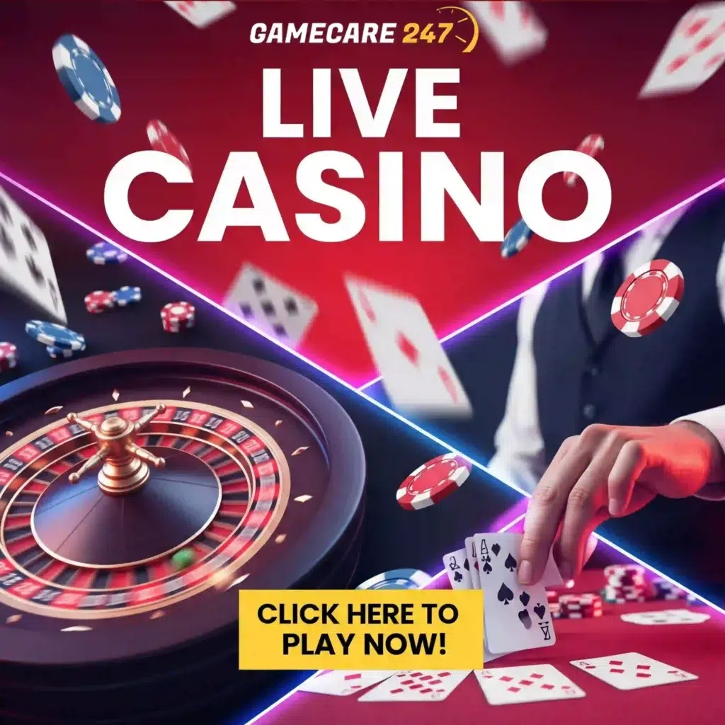 Live casino dealer interacting with players through a digital screen at Play Game Care.