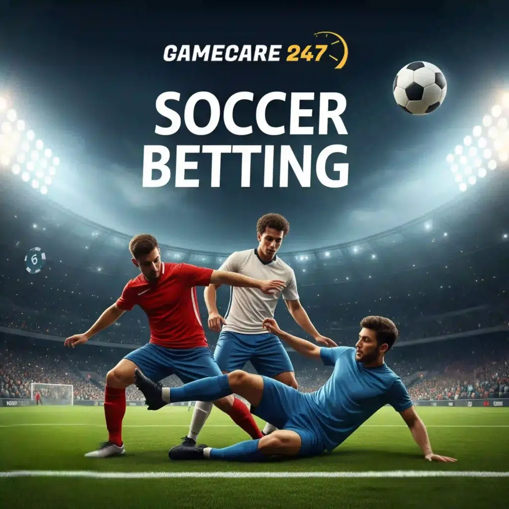 Hands holding a smartphone with soccer betting odds displayed, a football field in the background, and the Play Game Care logo symbolizing responsible soccer betting.