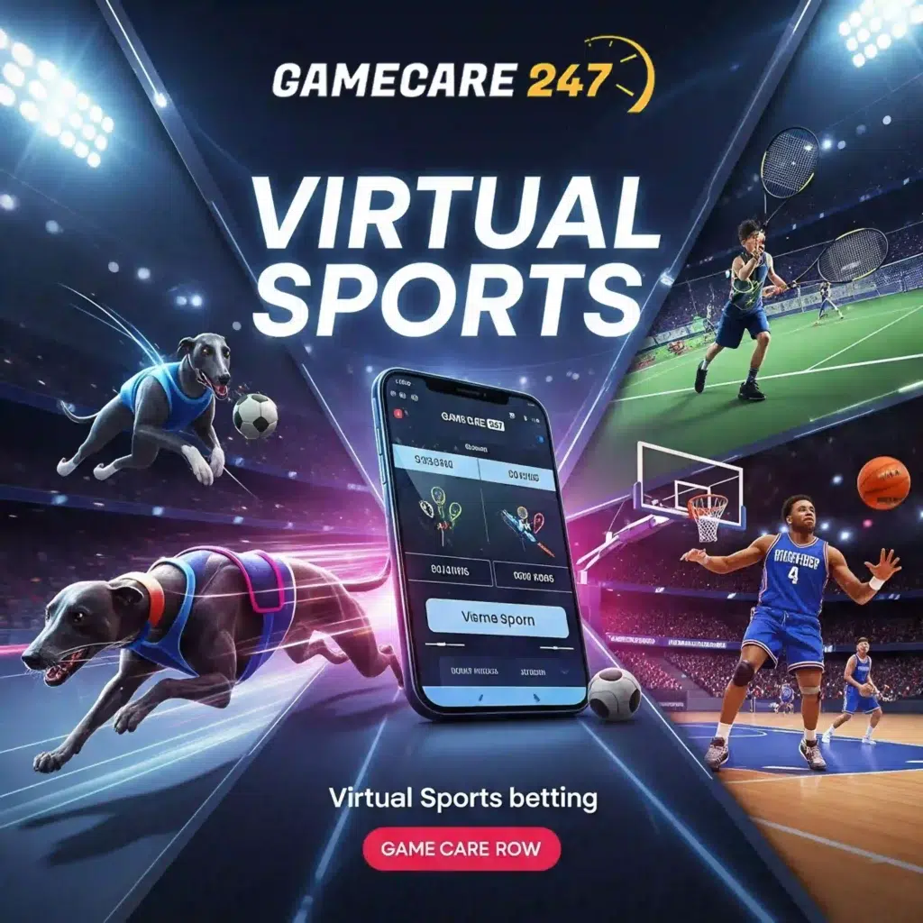 People playing virtual sports with VR headsets in a futuristic arena, representing Play Game Care's virtual sports experience