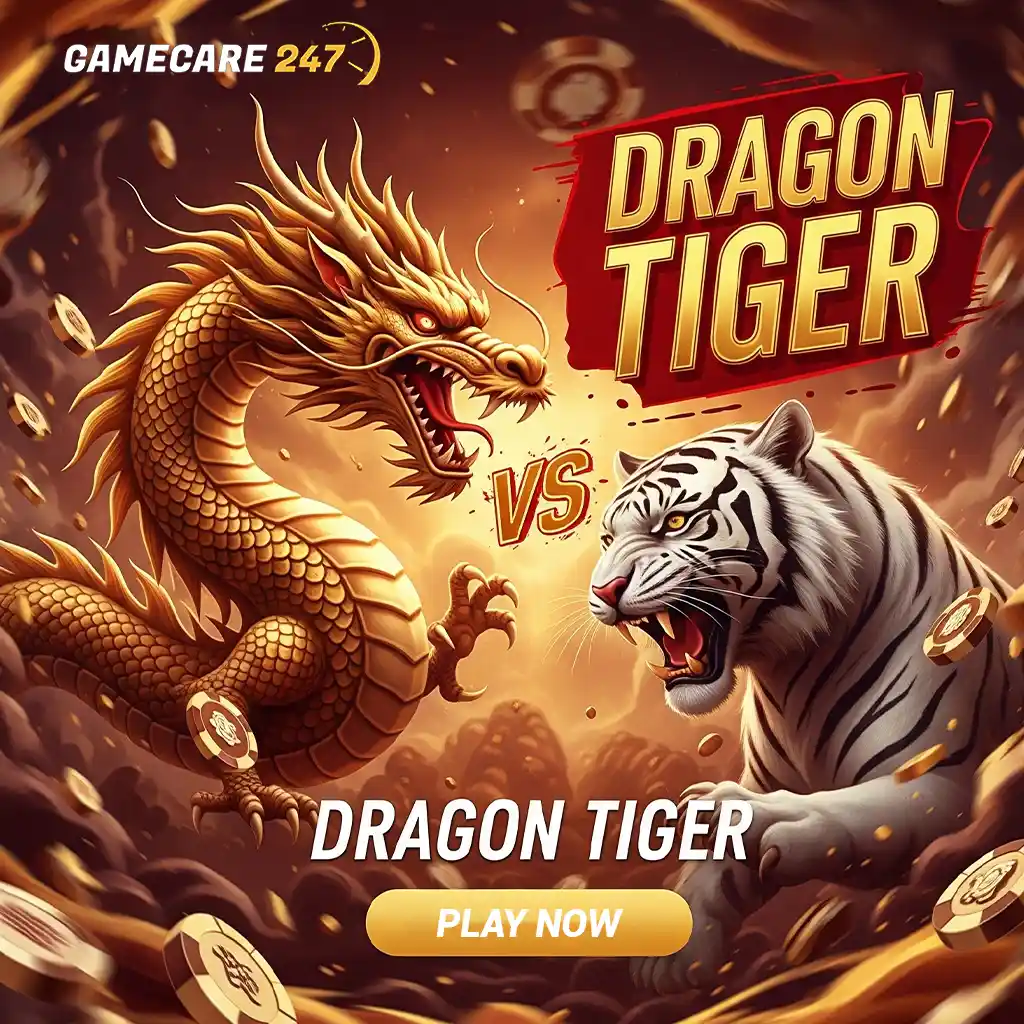 Live Dragon Tiger card game interface by PlayGameCare247, featuring the iconic dragon and tiger symbols