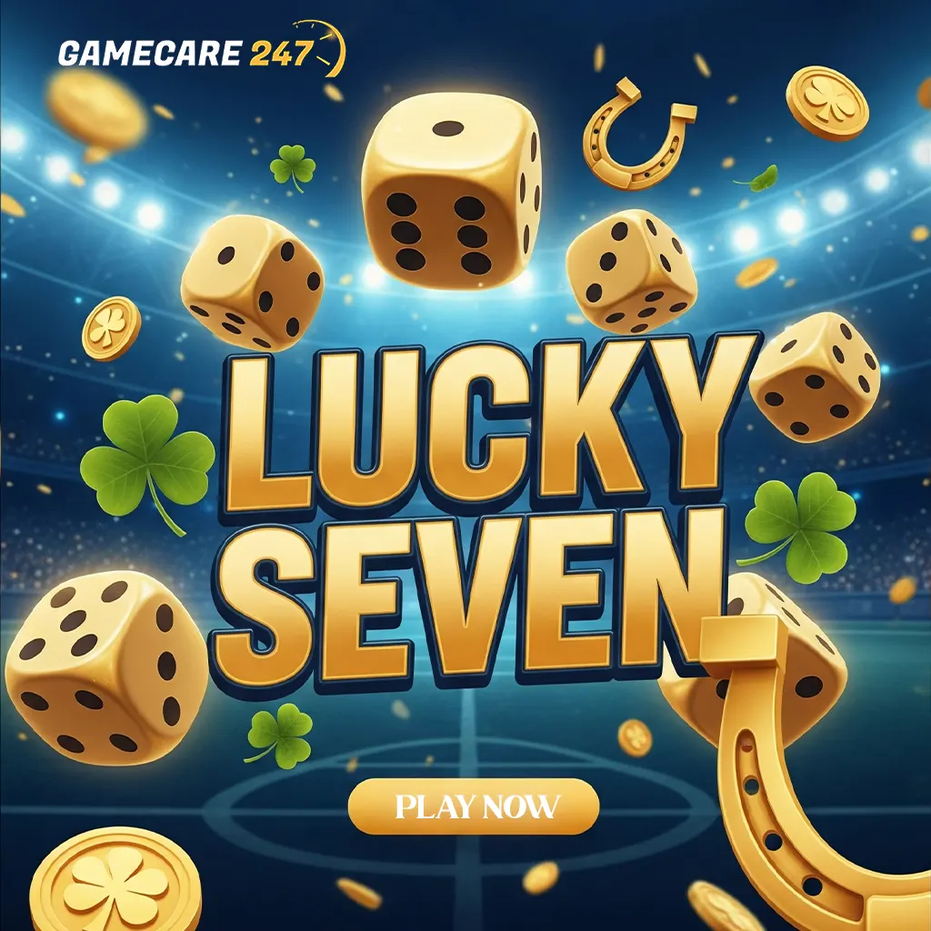 A colorful casino-style Lucky Seven game interface with dice, cards, and the number 7 symbol