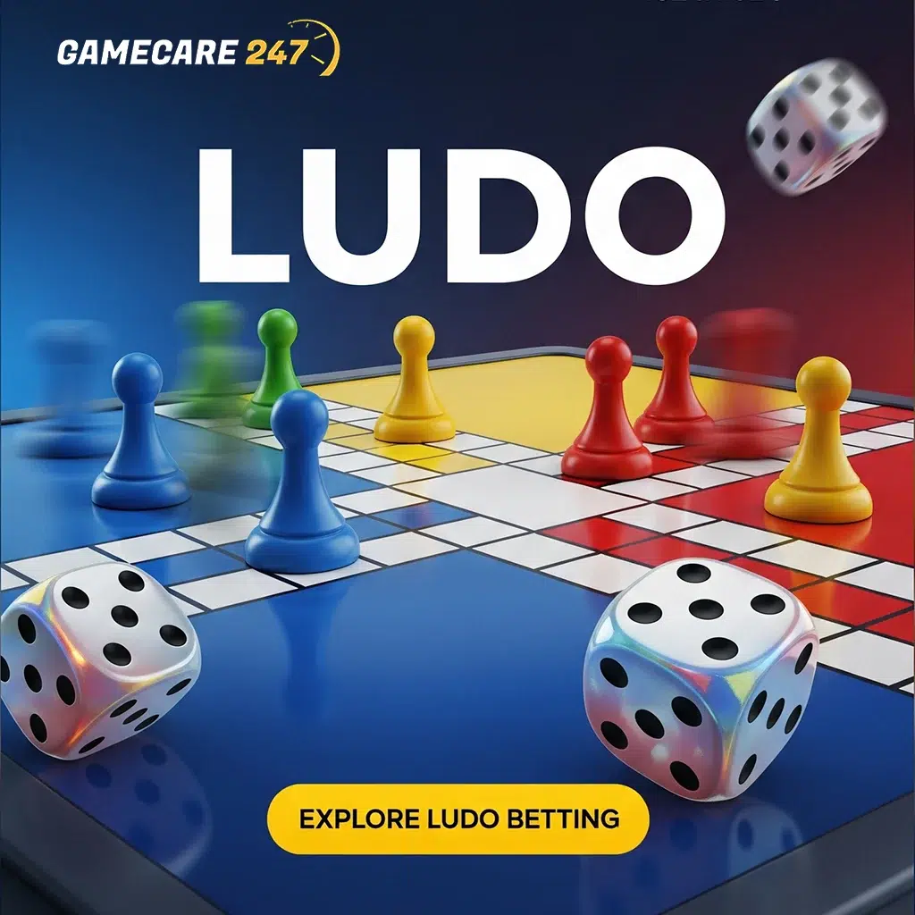 A colorful digital Ludo board with red, green, blue, and yellow tokens ready to play — PlayGameCare247