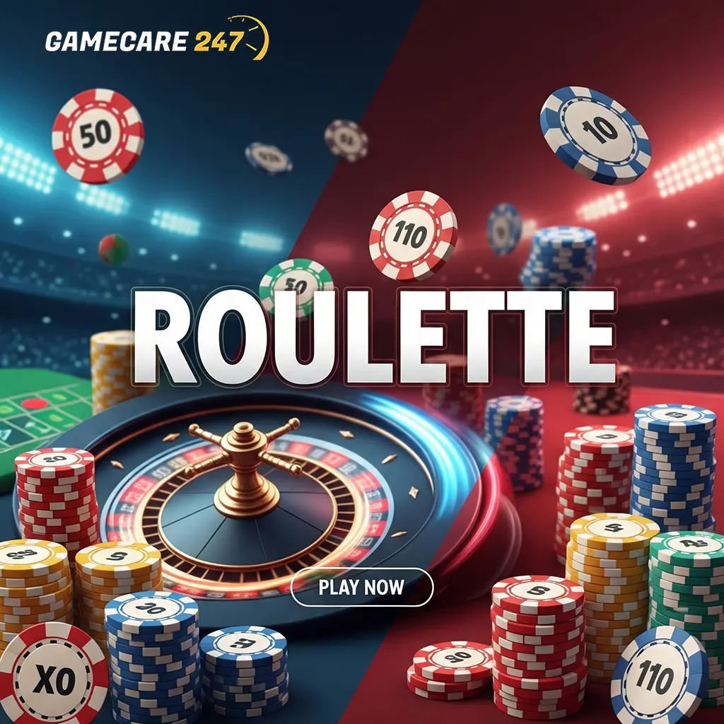 Roulette wheel spinning with chips and numbers at PlayGameCare247 online casino