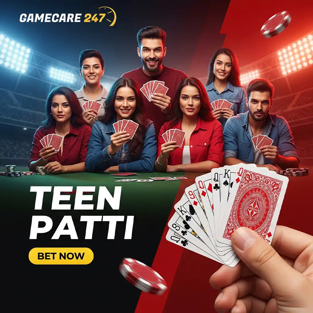 A Teen Patti game table with cards and chips, provided by PlayGameCare247